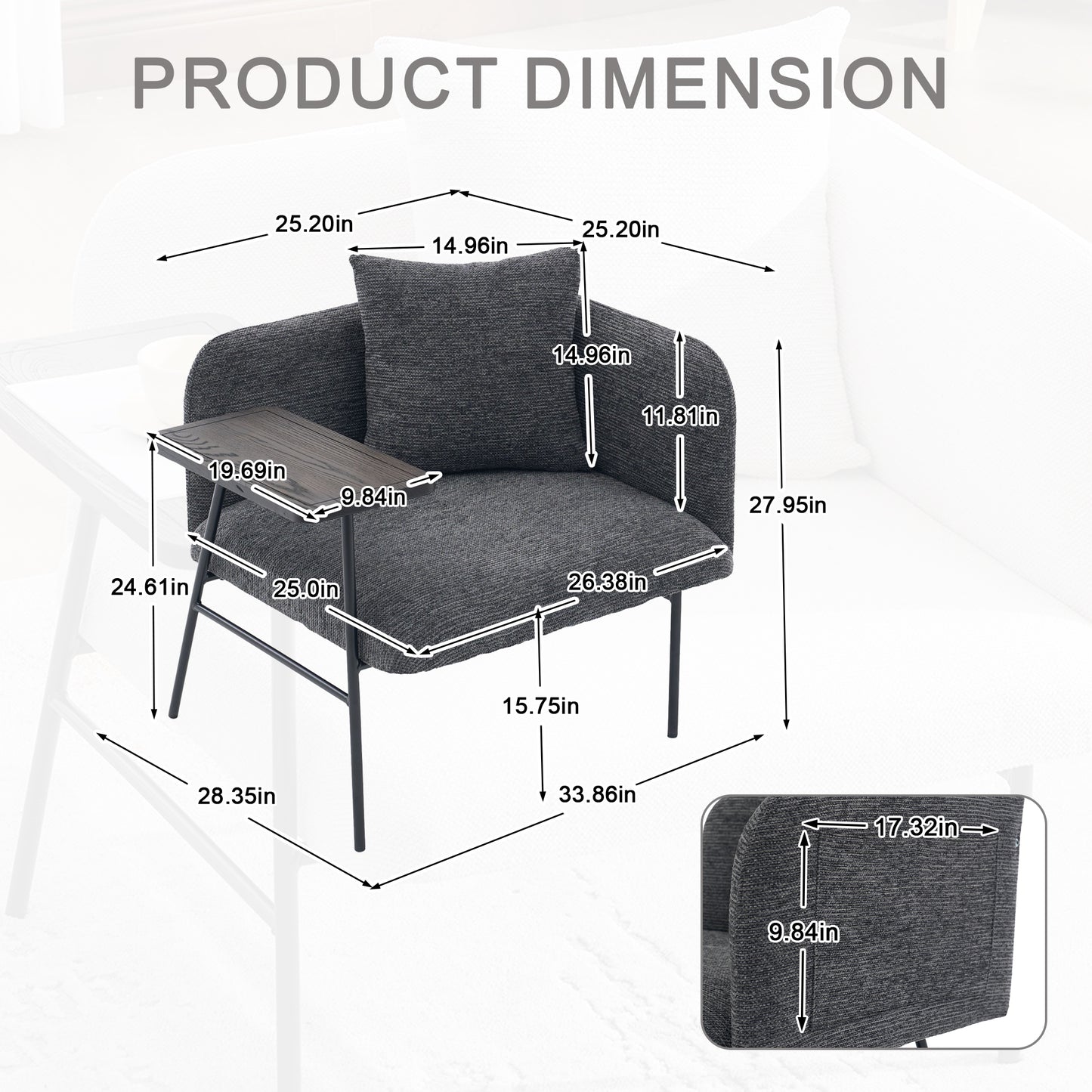 Modern Upholstered Leisure Chair with Side Table & Back Pillow - Dark Gray