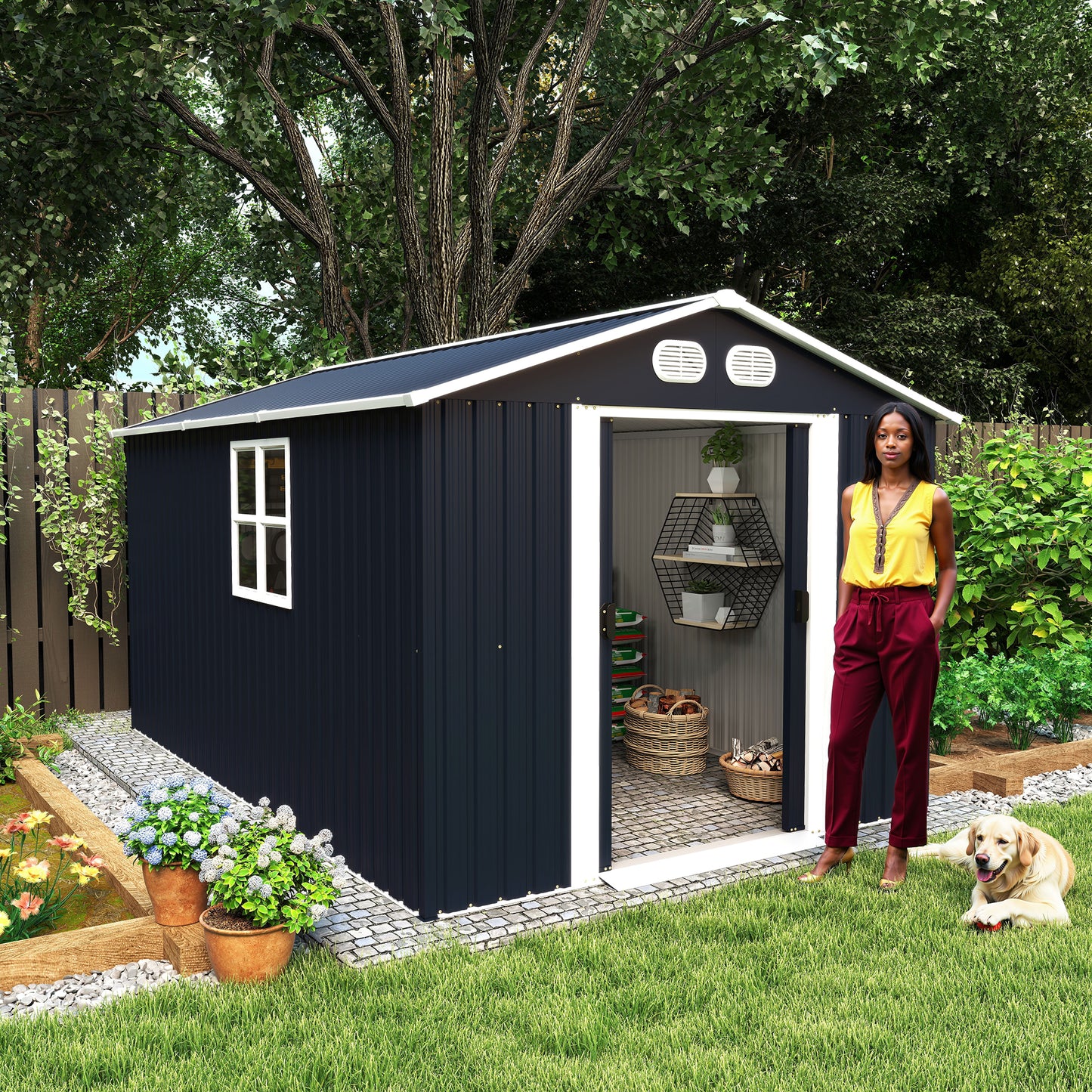 8x12 FT Outdoor Metal Storage Shed with Lockable Door - Dark Gray