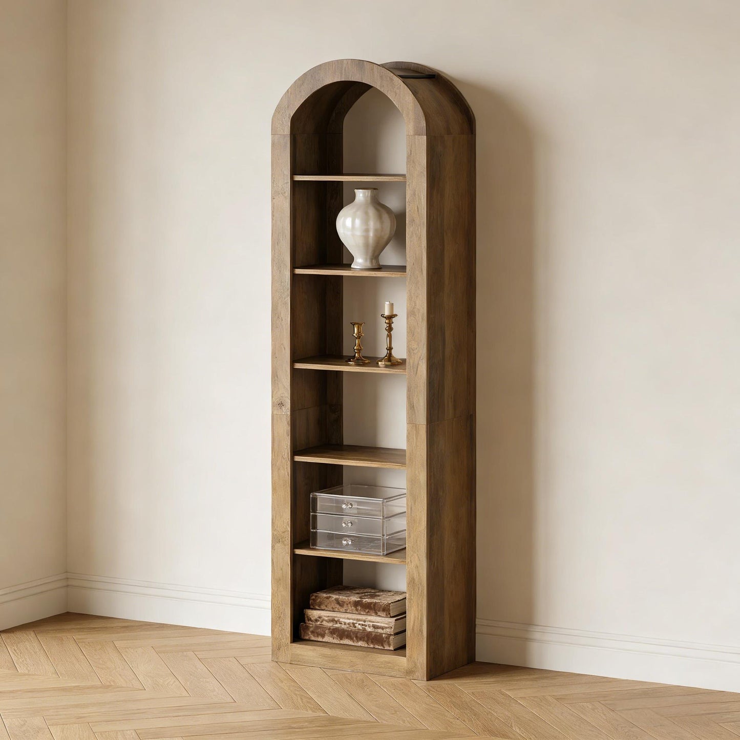 Arched Open Bookcase - 6-Tier Rustic Display Shelf, Brown