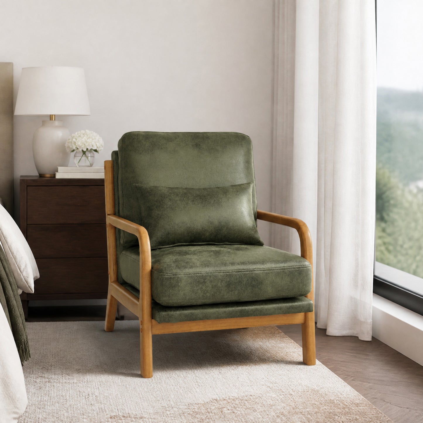 Mid-Century Modern Wooden Lounge Chair - Olive Green