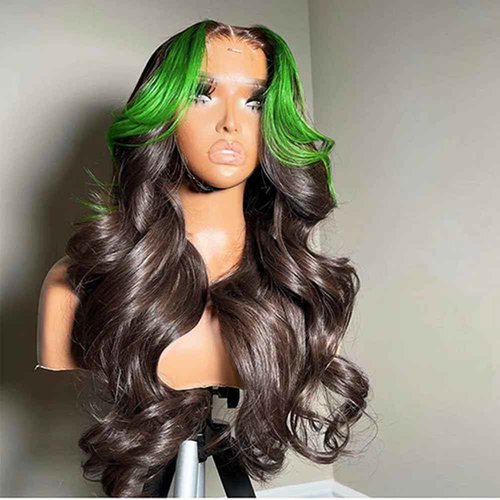 JYZ Skunk Stripe Human Hair Lace Front Wigs Green Highlights Wig Wavy 13X4 HD Lace Front Wigs Human Hair 200% Density Pre Plucked with Baby Hair 22inch Middle Part