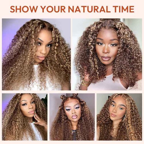 Glueless Wigs Human Hair Pre Plucked Pre Cut Wear and Go 5x5 HD Lace Closure Wigs Human Hair Deep Wave Wig P4/27 Honey Blonde Ombre Highlight Lace Front Wig Human Hair Wig 180% Density 16 Inch