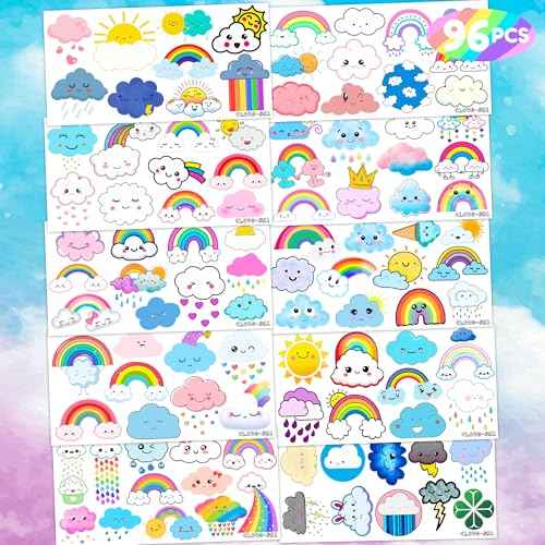 Generic 96 PCS Cute Cloud Temporary Tattoo Stickers Theme Pastel Rainbow Birthday Party Decorations Supplies Decor Favors Gifts for Boys Girls School Classroom Prizes Rewards