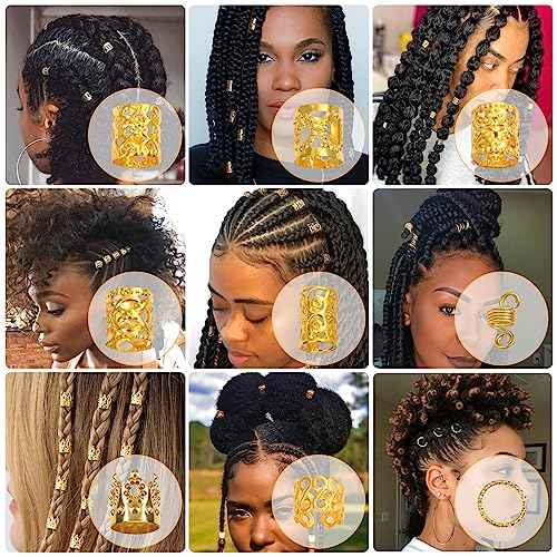 Lucomb 220 Pcs Gold Hair Jewelry for Braids, Loc Jewelry for Hair Dreadlock, Loc Charms for Women, Metal Gold Braids Rings Cuffs Clips for Dreadlock Accessories Clip Braids Extensions Decorations