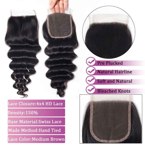 Pinjuoo Loose Deep Wave 3 Bundles with 4x4 HD Lace Closure 16 18 20+14 Inch 100% Unprocessed Remy Brazilian Hair Wet and Wavy Bundles with Closure Human Hair Natural Black Color for Women