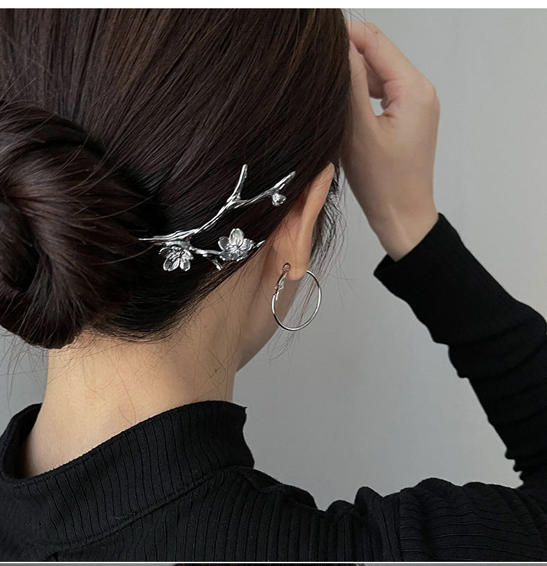 Metal Hairpin Hair Accessories for Women - Chinese Flower Design, Silver & Gun Black