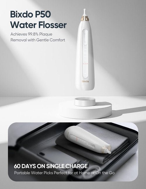 bixdo Cordless Water Dental Flosser for Teeth - 5 Modes with GUMCARE, Portable Travel Oral Irrigator for Teeth Cleaning Flossing and Gum Massage, 60 Days Long Battery Life and 360° Magnetic Nozzle