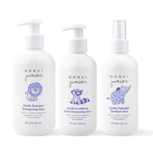 MONAT Junior Gentle 3-in-1 Hair Care System - Shampoo, Conditioner, Detangler for Children (8 fl. oz./6 fl. oz.)