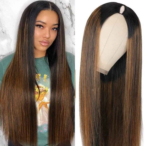 CHEETAHBEAUTY FB30 Ombre V Part Wig Human Hair 20Inch No Leave Out Upgrade Straight U Part Wig Highlight Blonde No Glue Brazilian Virgin Straight Human Hair Wigs for Women Colored Brown 180% Density