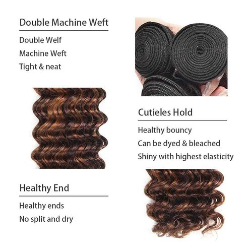 T1BP4/30 Human Hair Bundles Ombre Dark Brown Deep Wave Bundles Light Brown Human Hair 3 Bundles 16 18 20 Inch Unprocessed Brazilian Virgin Human Hair 3 Tone Black and Brown Bundles Double Weft