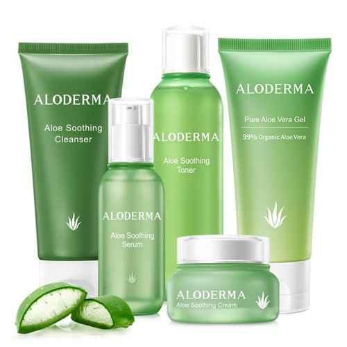 Aloderma Signature Aloe Soothing & Repairing Set - 5 Pieces - Gel, Cleanser, Toner, Serum, Cream