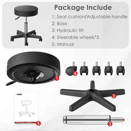 CLORIS Round Rolling Stool Hold up to 400 LBS Height Adjustable Swivel Chair Nylon Feet with Wheels for Spa, Massage, Salon, Home, Office, Medical, Tatoo, Bar Black