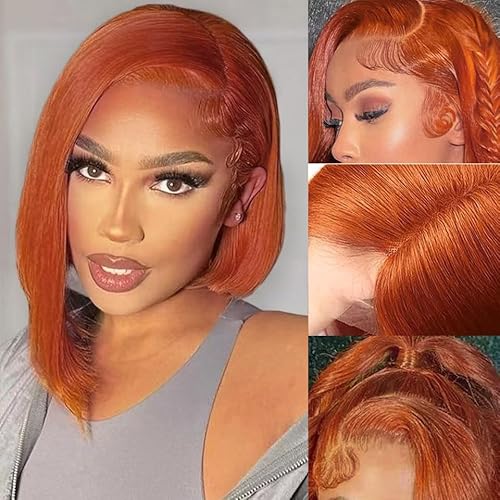 #350 Ginger Bob Lace Front Wig Human Hair 13x4 HD Transparent Lace Frontal Wigs Pre Plucked Short Straight Bob Wig for Black Women with Baby Hair 180% Density Brazilian Orange Ginger Wig 8 Inch