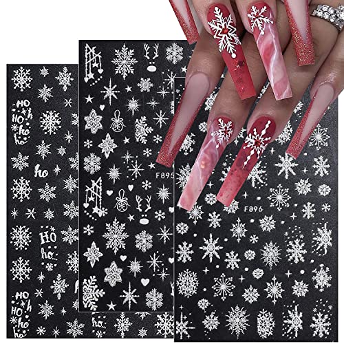 8 Sheets 3D Snowflake Nail Art Stickers Christmas Nail Decals Self-Adhesive White Glitter Snowflake Nail Stickers Reindeer Snowflakes Nail Design Winter Xmas Nail Decoration for Women Girls
