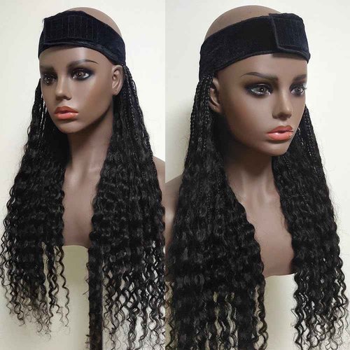Boho Box Braids Band Wig with Human Hair Curly Ends Grab & Go Boho Band Braids Hair Extensions Goddess Boho Briaded Hat Wigs without Cap 18inch Natural Black