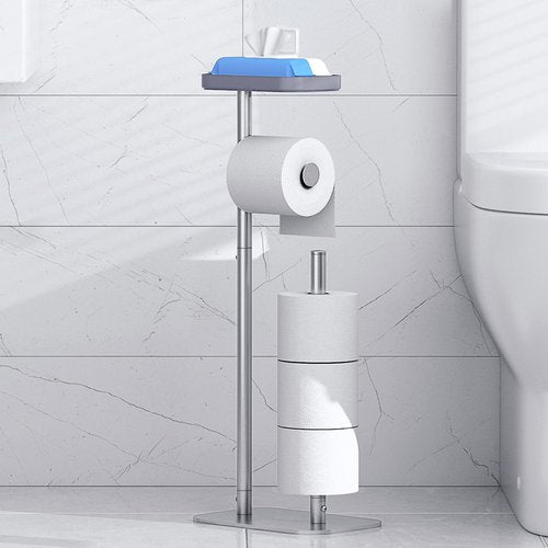 Kitsure Toilet Paper Holder Free Standing – Rustproof Metal Toilet Paper Stand for 4 Rolls with Anti-Slip Base and Shelf for Phone & Small Items, Bathroom Organizers and Storage, Medium, Silver