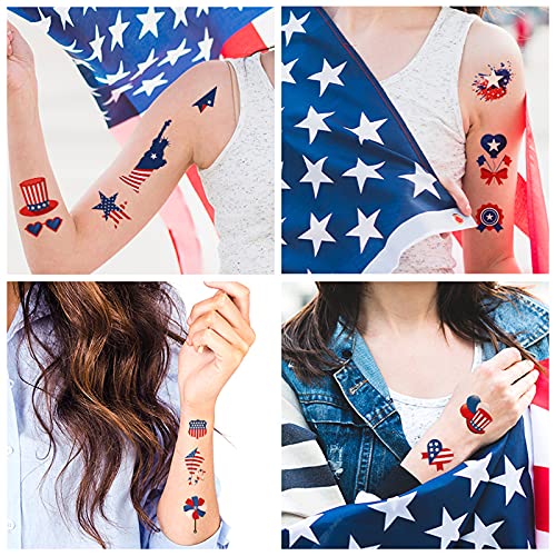 Temporary Tattoos, 90Pcs Independence Day Tattoos (10 Sheets) American Flag Red White & Blue Design USA Body Art Patriotic Stickers for Labor Day Memorial Day Decoration Party Supplies Flags