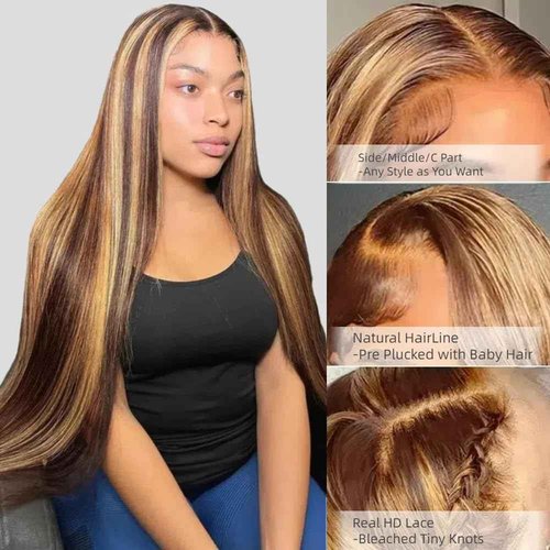 Kineko Highlight Lace Front Wig Human Hair Ombre 13x4 Straight Human Hair Highlight Honey Blonde HD Human Hair 24 Inch Full Frontal Glueless Wigs Human Hair Pre Plucked P427