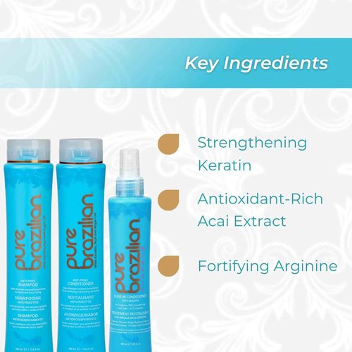 Pure Brazilian 3-Piece Daily Essentials Kit: Anti-Frizz Shampoo, Conditioner & Miracle Leave-In Conditioner with Keratin, Cocoa Butter & Bulgarian Rose Wate