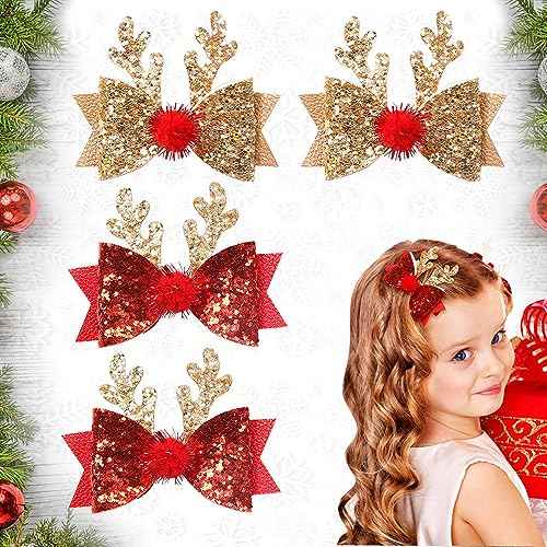 3Pcs Children's Christmas Antler Glitter Hair Clips,Hairball Elk Bow Hair Barrettes Hair Clip Glitter Christmas Elk Hair Red Golden Hair Clips Party Costume Accessories for Girls