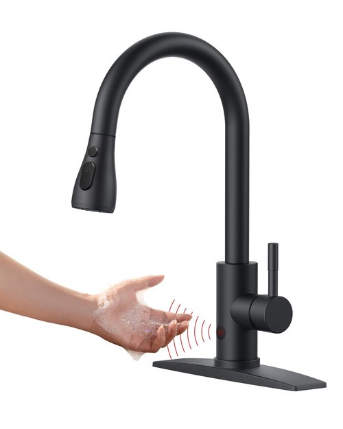FORIOUS Touchless Kitchen Faucet with Pull Down Sprayer, Black Hands-Free Smart Motion Sensor Sink Faucet Single Handle Contemporary, Suitable for Farmhouse Laundry Camper RV Bar