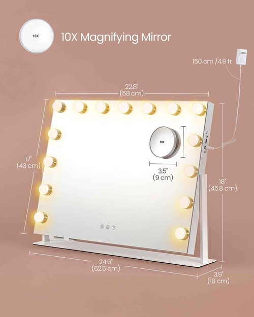 SONGMICS Vanity Makeup Mirror with Lights, Touch Control, 15 LED Bulbs, with Charging Ports, Detachable 10X Magnifying Mirror, 3 Color Temperatures, Dimmable, Phone Holder, Matte White ULWM001W01V1