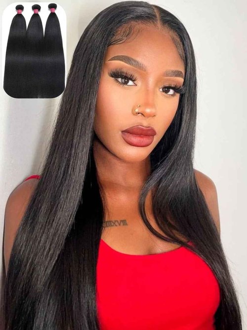 YIROO Yaki Straight Human Hair Weave 3 Bundles 12A Kinky Straight Double Wefts for Women Unprocessed Real Virgin Hair Sew In Human Hair Extensions Cllip In Light Yaki Natural Black Color 10 12 14Inch