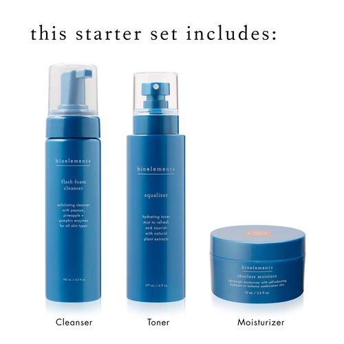 Bioelements 3-Step Starter Set: Combination Skin - Includes Flash Foam Cleanser, Equalizer Toner & Absolute Moisture Moisturizer - Vegan, Gluten Free - Never Tested on Animals
