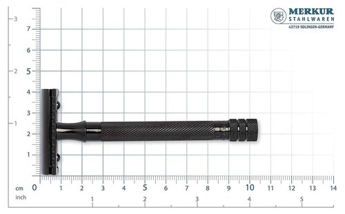 MERKUR 23B Double Edge Safety Razor - Black Long Knurled Brass Handle Made in Germany Plastic-Free Three Piece Design Closed Comb Straight Bar