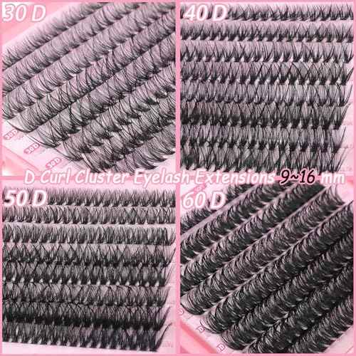 Lash Clusters Kit, 640 Pcs Eyelashes Clusters Extensions Kit 9-16mm Individual Lashes D Curl Fluffy Wispy False Eyelashes Thin Band, with Bond Seal Tweezers Brush DIY (30D+40D+50D+60D Kit 9-16mm)