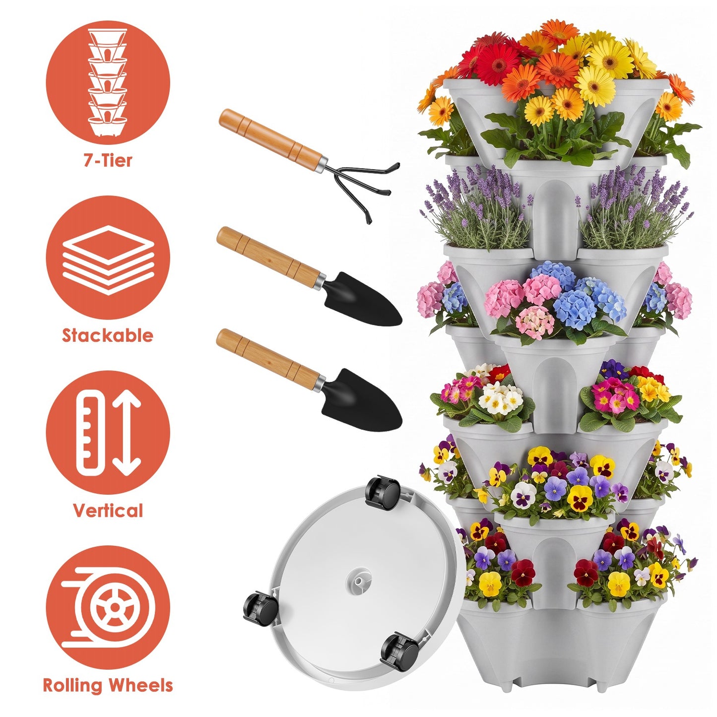 7-Tier Vertical Stackable Garden Planter with Wheels and Drainage System