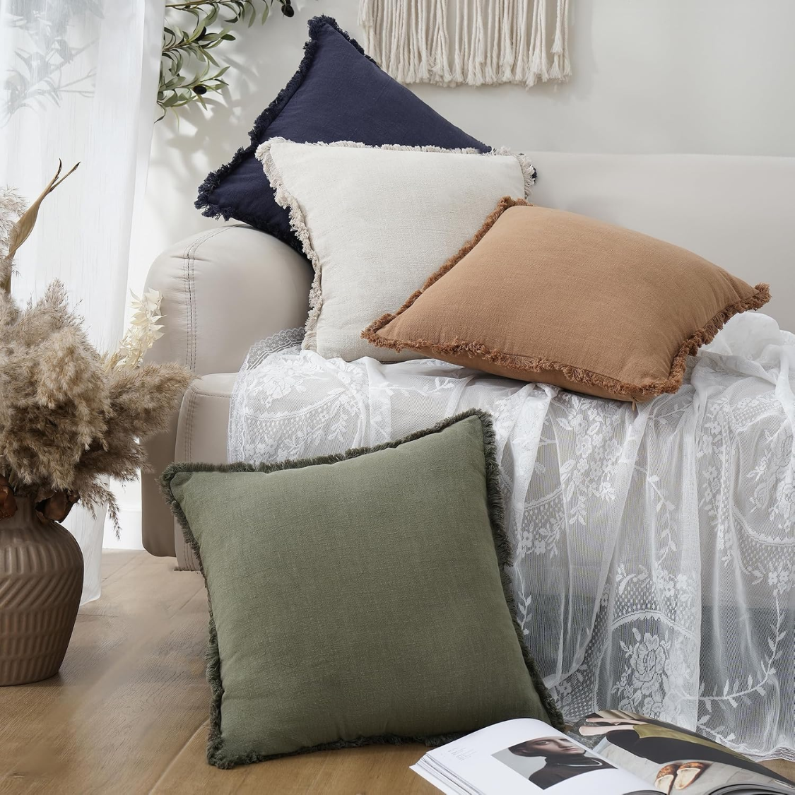 Decorative Linen Fringe Throw Pillow Cover - 18x18 Inch, Olive Green Set of 2