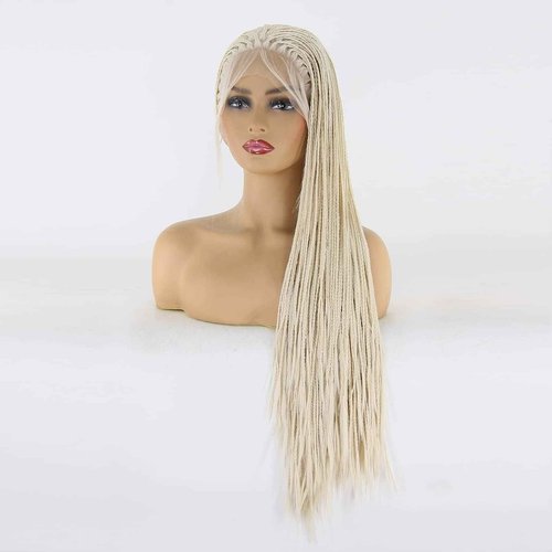 BTWTRY Platinum Blonde Braided Synthetic Lace Front Wigs for Black Women Heat Resistant Fiber Hair Micro Braided Hair Box Braids Wig African American Hair (24inch, #60 Color)
