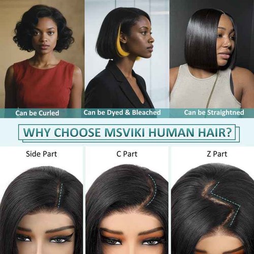 Msviki Bob Wig Human Hair 10inch Straight Bob Wig 100% Brazilian Human Hair,13x4 HD Bob Lace Front Wigs Human Hair Natural Black Bob Wigs Human Hair Pre Cut 12A Double Drawn Bob Wig 220 Density