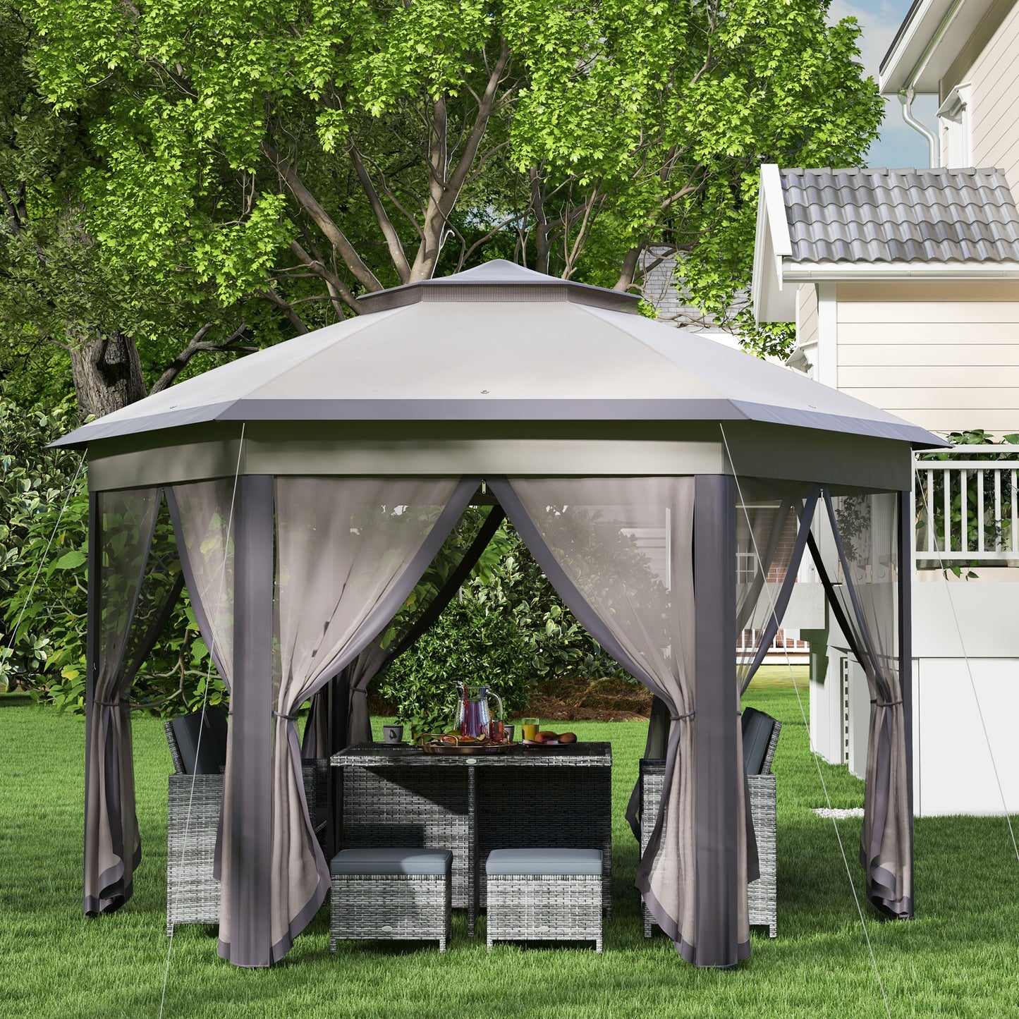 13' Hexagonal Pop Up Gazebo Canopy with Mesh Sidewalls - Coffee, Beige