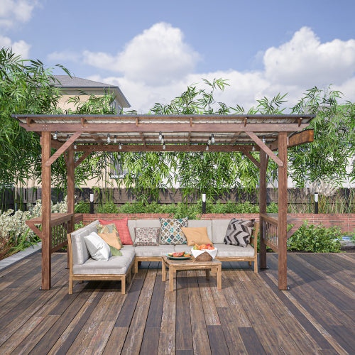 Wooden Pergola Grill Gazebo with Metal Roof, Bulbs & Bar Counters - 13x6.5 Feet