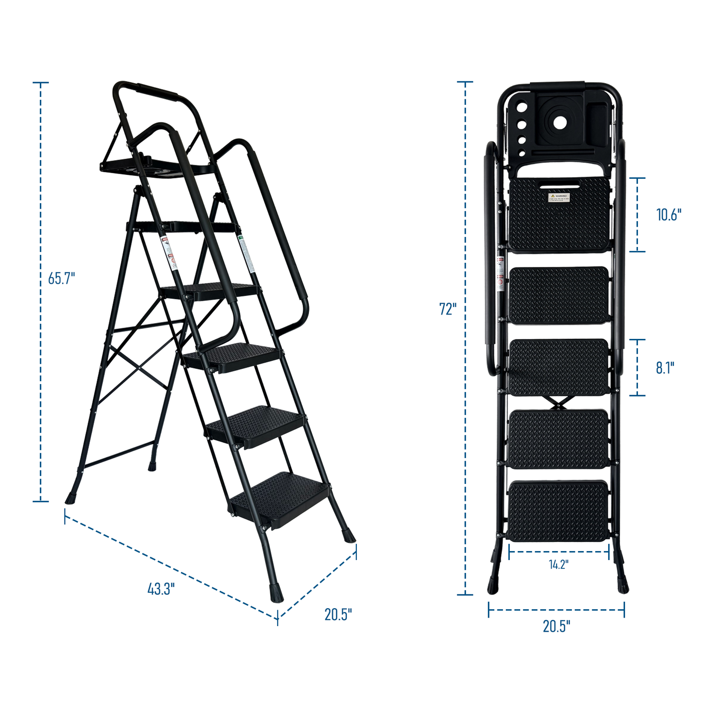 Folding Step Ladder with Wide Anti-Slip Pedal - Black
