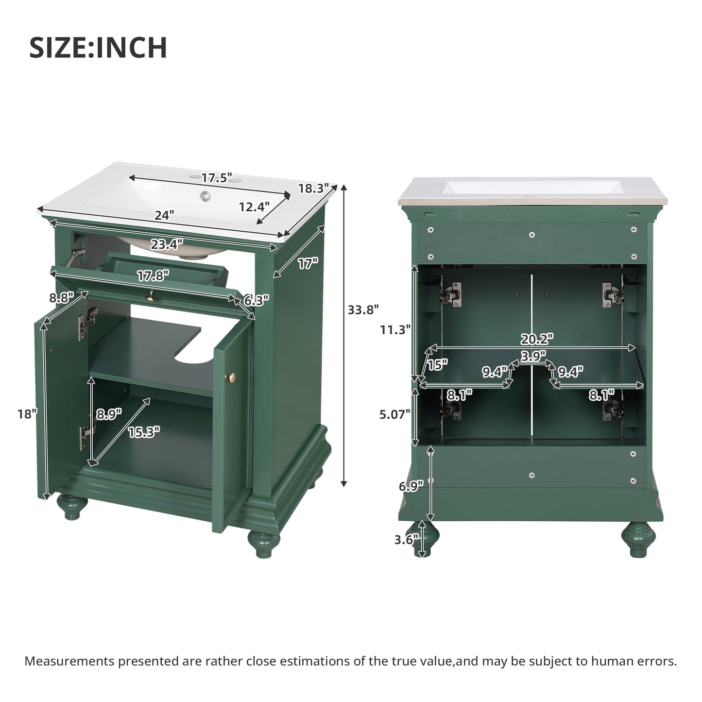 24" Modern Bathroom Vanity with Tip-Out Drawer - Green