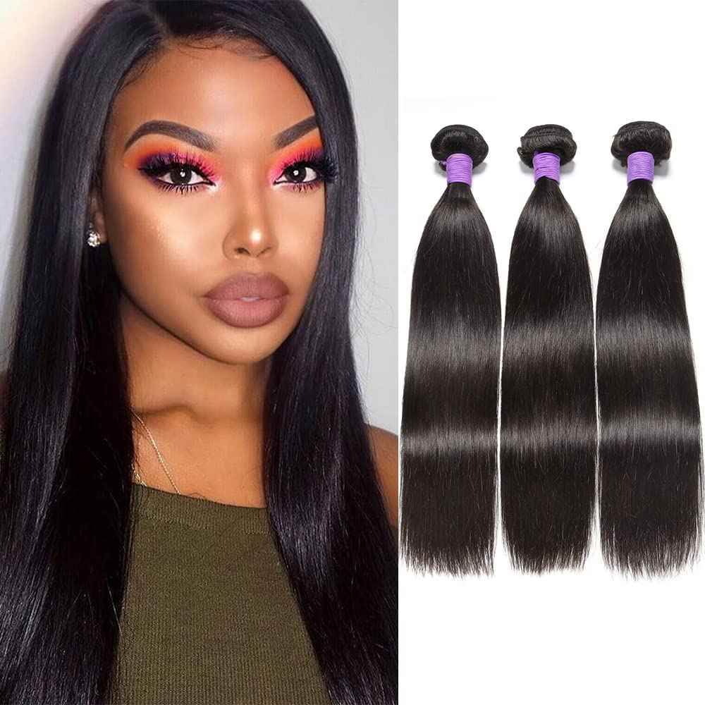 Genrein 10A Peruvian Straight Human Hair 3 Bundles Deals 18 20 22 Inch 100% Unprocessed Virgin Straight Hair Weave Bundles 1B Color for Black Women
