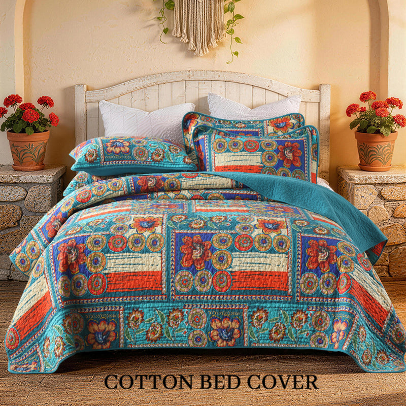 Full Queen & King Reversible Cotton Bedspread Set with Bohemian Patchwork Design