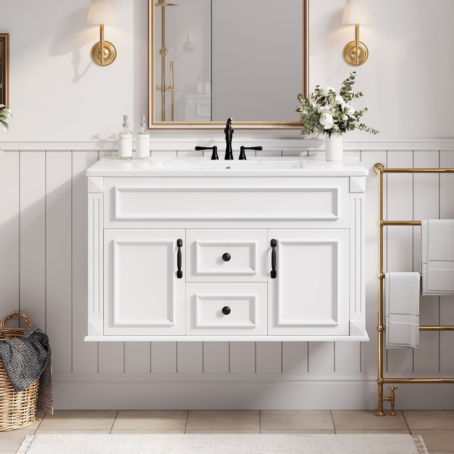 36-Inch Wall-Mounted Bathroom Vanity with Ceramic Sink - White