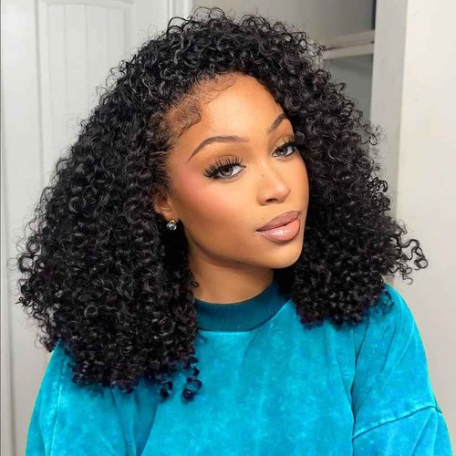 OWNROSE Half Wig Upgread 3 In 1 Kinky Curly Half Wig Human Hair 200 Density Glueless Wigs Human Hair Beginner Friendly Curly Wig Drawstring Seamless Flip Over Clip in Wigs for Women 16 Inch