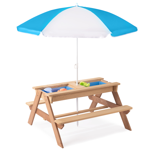 3-in-1 Kids Outdoor Wooden Picnic Table with Umbrella & Sand/Water Kettle