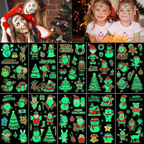 10 Sheets 105PCS Christmas Temporary Tattoos for Kids Glow in the Dark Tattoos for Boys Girls Christmas Decorations Face Makeup Tattoos Stickers, Holiday Party Supplies