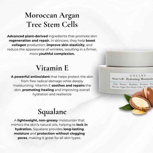 CELLVY Hydrating Korean Moisturizer w/Moroccan Argan Tree Stem Cells, Korean Taiwanese Skincare Stem Cell Face Cream w/Squalane & Antioxidants, Lightweight, Firms, Repairs & Boosts Collagen