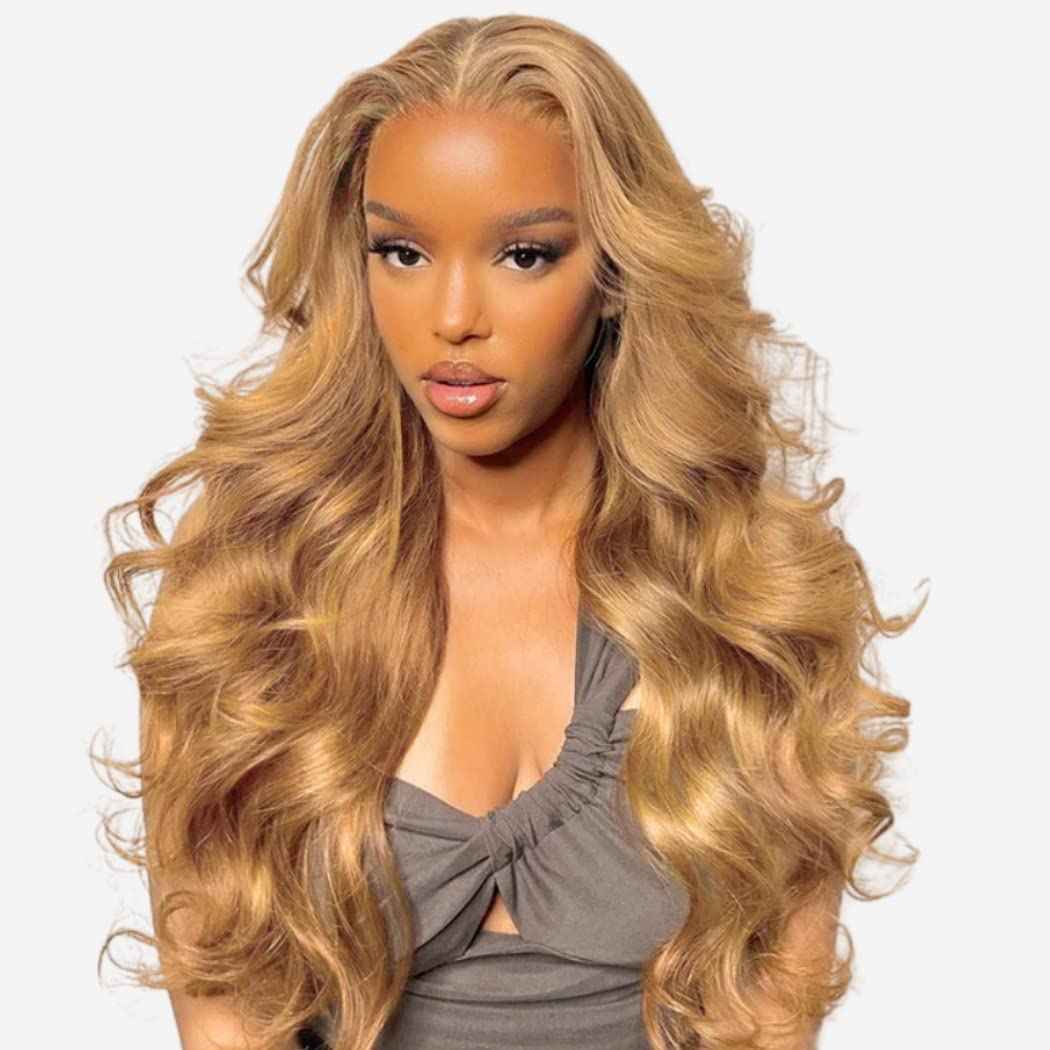 Honey Blonde Lace Front Wigs Human Hair 13x4 HD Transparent Lace Frontal Wigs Body Wave Colored 27 Honey Brown Wavy Wig Pre-Plucked Hairline 180% Density 20 inch