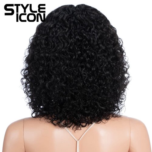 Style Icon Human Hair Wigs Short Curly Wigs Fluffy Afro Wigs T-Part Deep Wave Pre Plucked HD Lace Front Black Wigs (12", 1B)