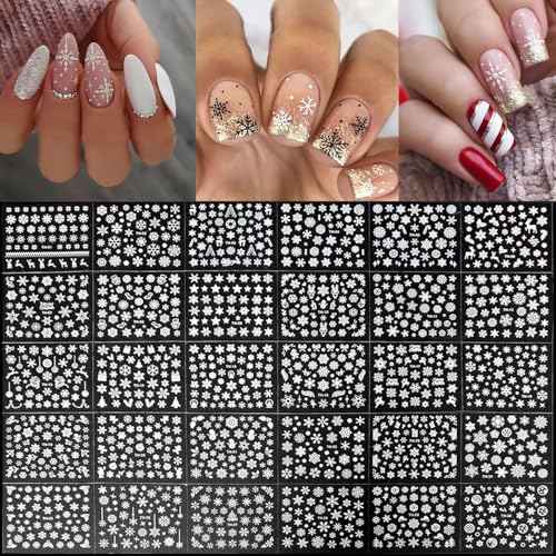 30 Sheets Christmas Nail Art Stickers Winter Nail Stickers Christmas Snowflake Design 3D Self-Adhesive Nail Decals for Nail Art Xmas Nail Sticker White Christmas Nail Art Supplies for Women