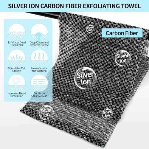 Exfoliating Washcloth Shower Towels, Premium Japanese Exfoliating Body Scrubber, Upgraded Loofah Sponge Rich in Silver Ion and Carbon Fiber, Face & Body Scrub Exfoliator with 2 Levels, Longer