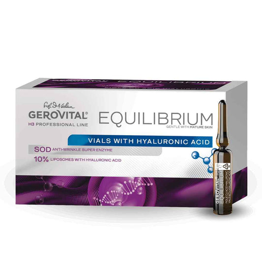 Gerovital EQUILIBRIUM Hyaluronic Acid Vials with 10% Liposomes | Intensely Moisturizing and Smoothing Serum for Wrinkles and Fine Lines | Professional Product | 20 Ampoules x 2 ml